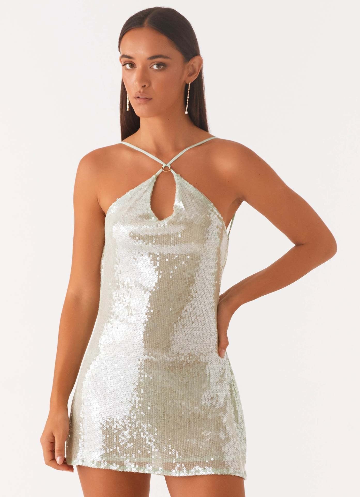 Sequin Halter Neck Backless Cowl Slip Mini Dress