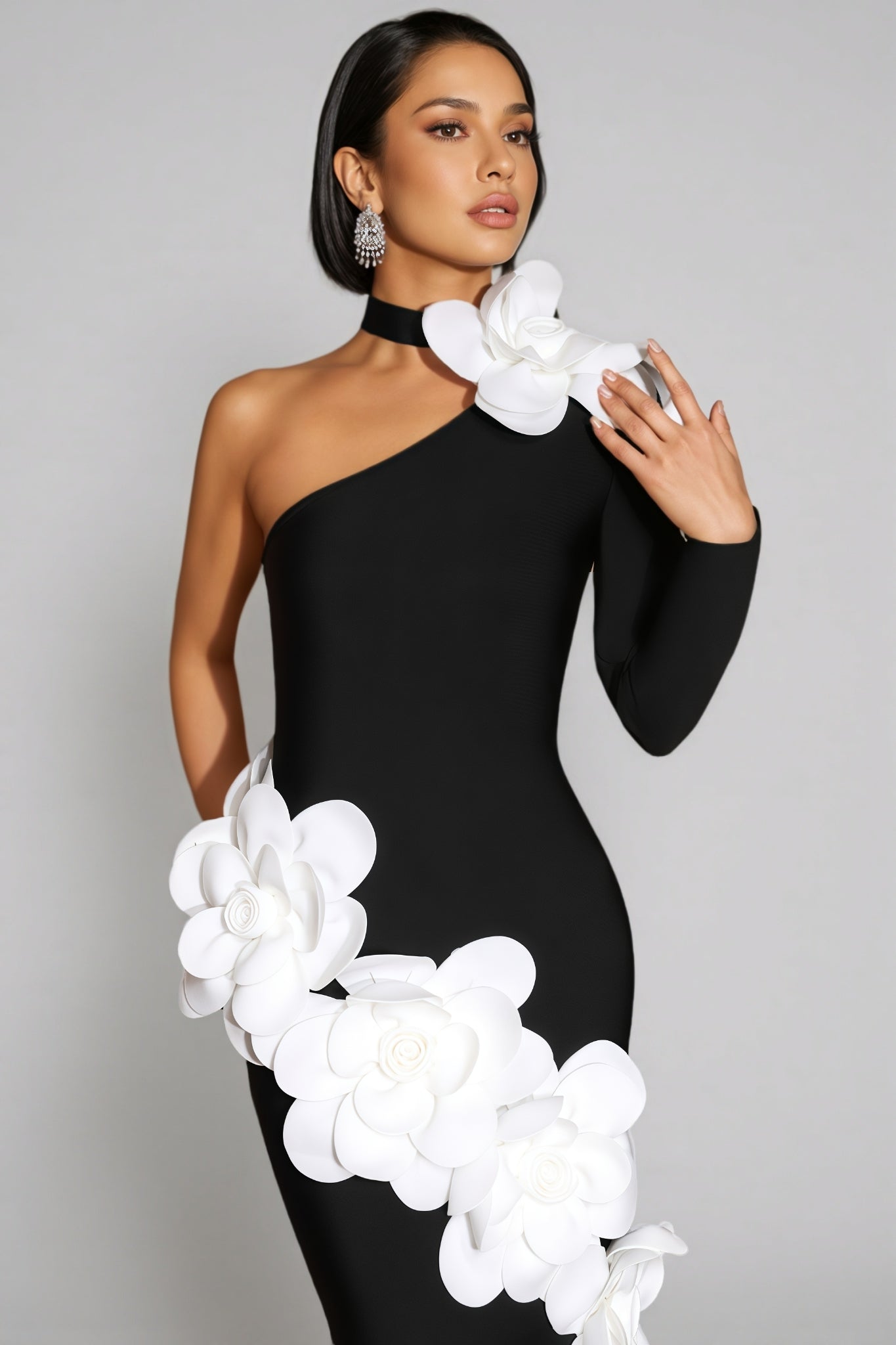 Zellk One Shoulder 3D Floral Bandage Maxi Dress - View 4