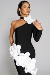 Zellk One Shoulder 3D Floral Bandage Maxi Dress - View 4