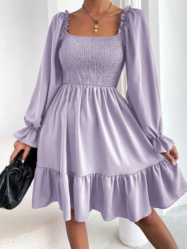 Square Neck Long Sleeve Smocked Tiered Mini Dress 9