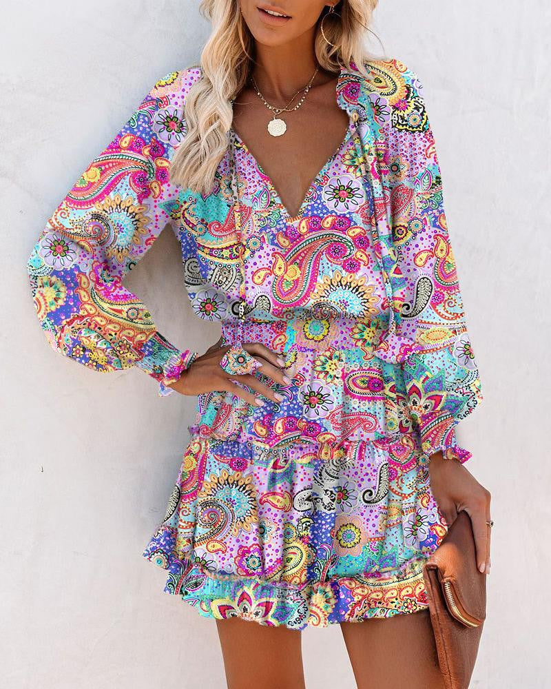 Floral V-Neck Long Sleeve Tiered Ruffle Mini Dress 9