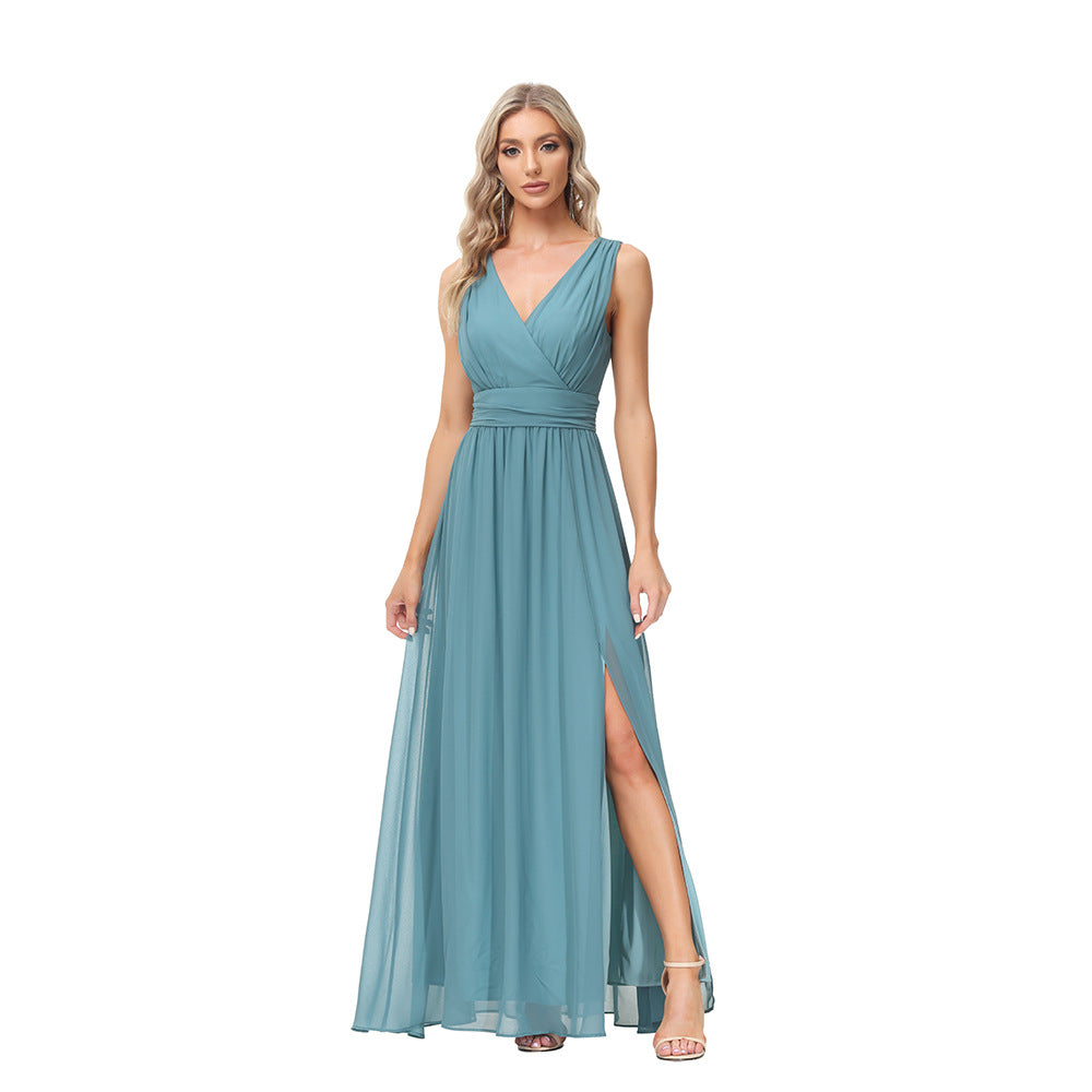 Women Chiffon Maxi Dress Double V Neck Sleeveless Swing Evening Dress Split Stretch Waistline Prom Gown