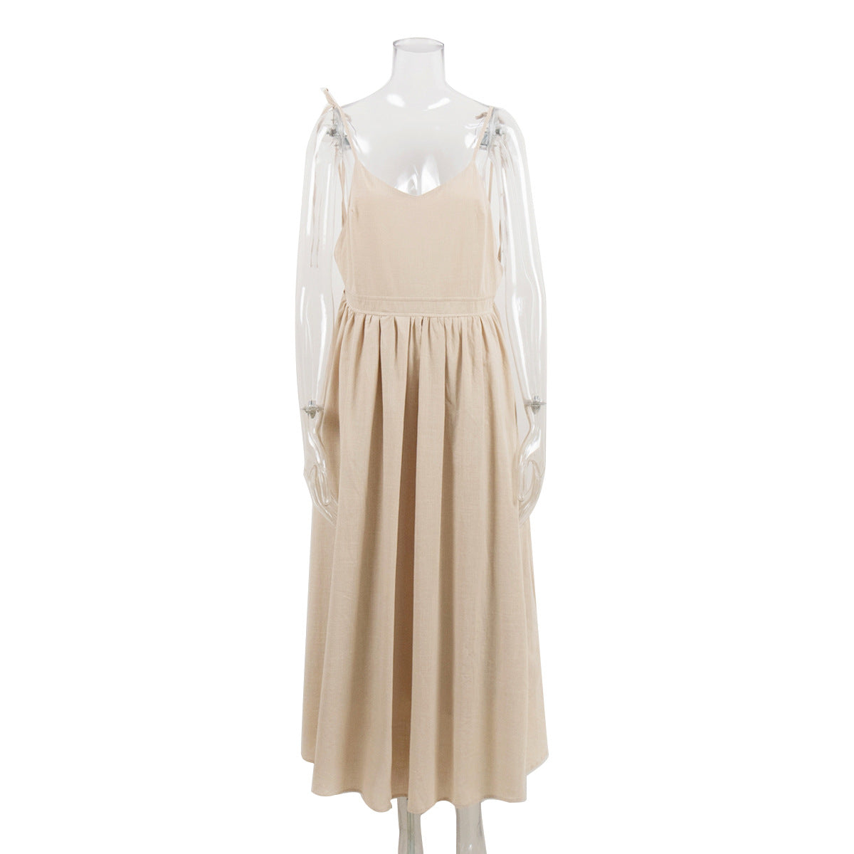 Linen Look Strapless Tie Detail Gathered Maxi Dress Summer 6