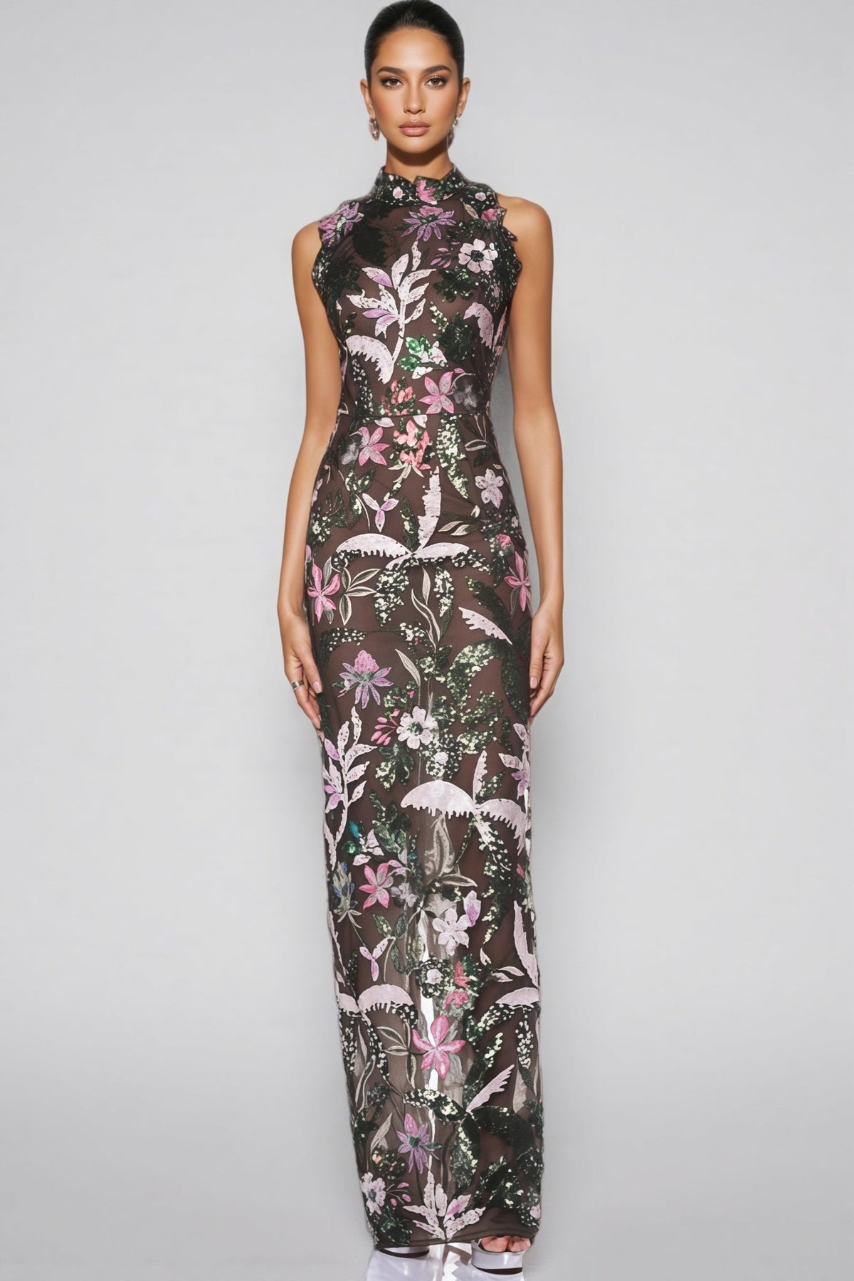Floral Embroidered Sequin Mesh Mock Neck Sleeveless Column Maxi Dress