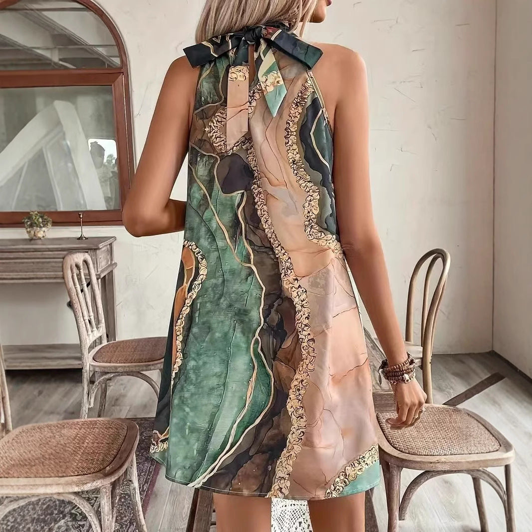 Abstract Print Satin Halter Neck Sleeveless Swing Mini Dress 4