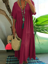 V-Neck Short Sleeve Tiered Linen Maxi Dress 14