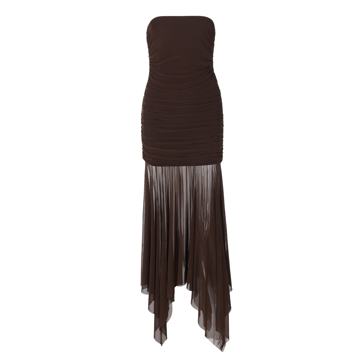 Strapless Ruched Sheer Mesh Asymmetric Hem Maxi Dress 5