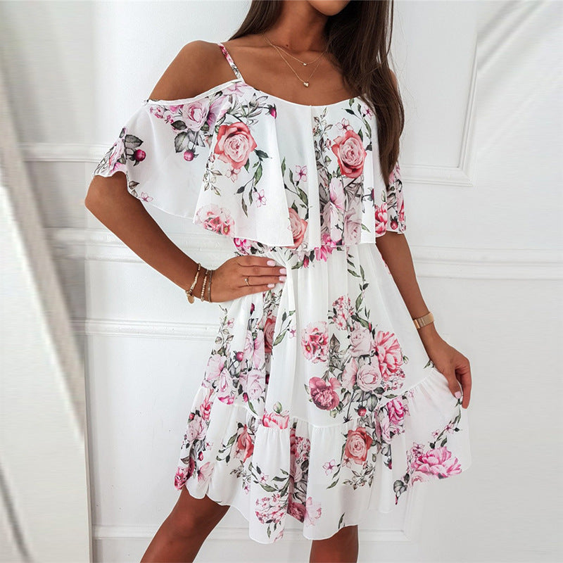 Floral Cold Shoulder Spaghetti Strap Ruffle Mini Dress 6