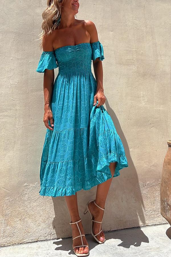 Summer Printed Elastic off Neck Large Swing Dress