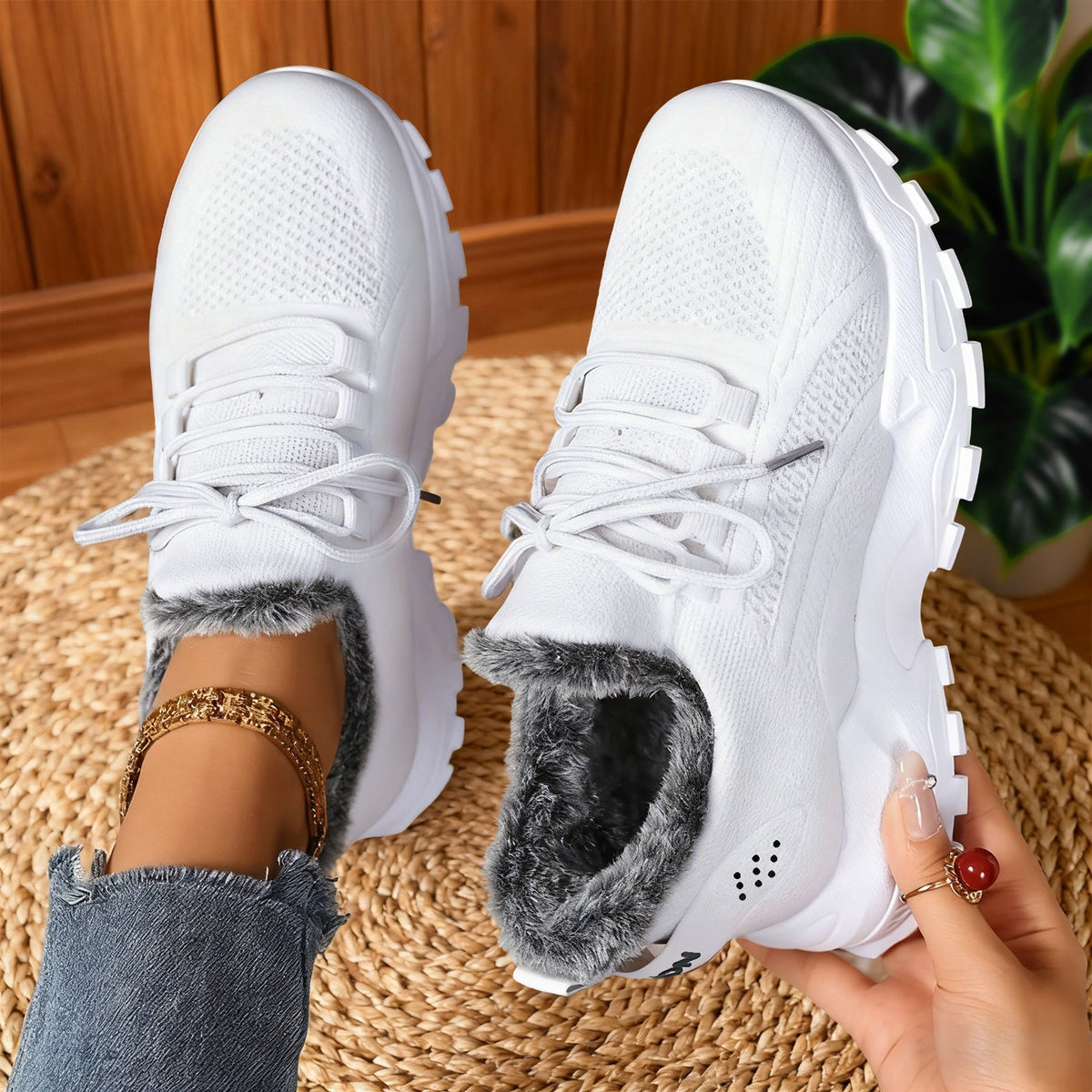 Lace Up Fleece Lined Chunky Lug Sole Sneakers