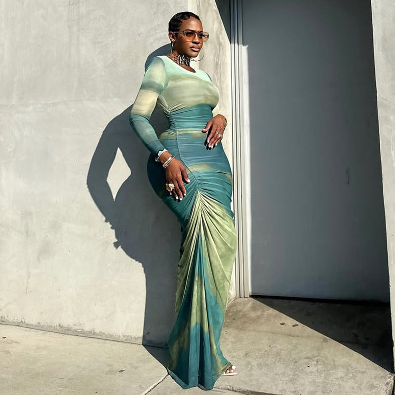 Tie Dye Print Round Neck Long Sleeve Side Ruched Bodycon Maxi Dress 2