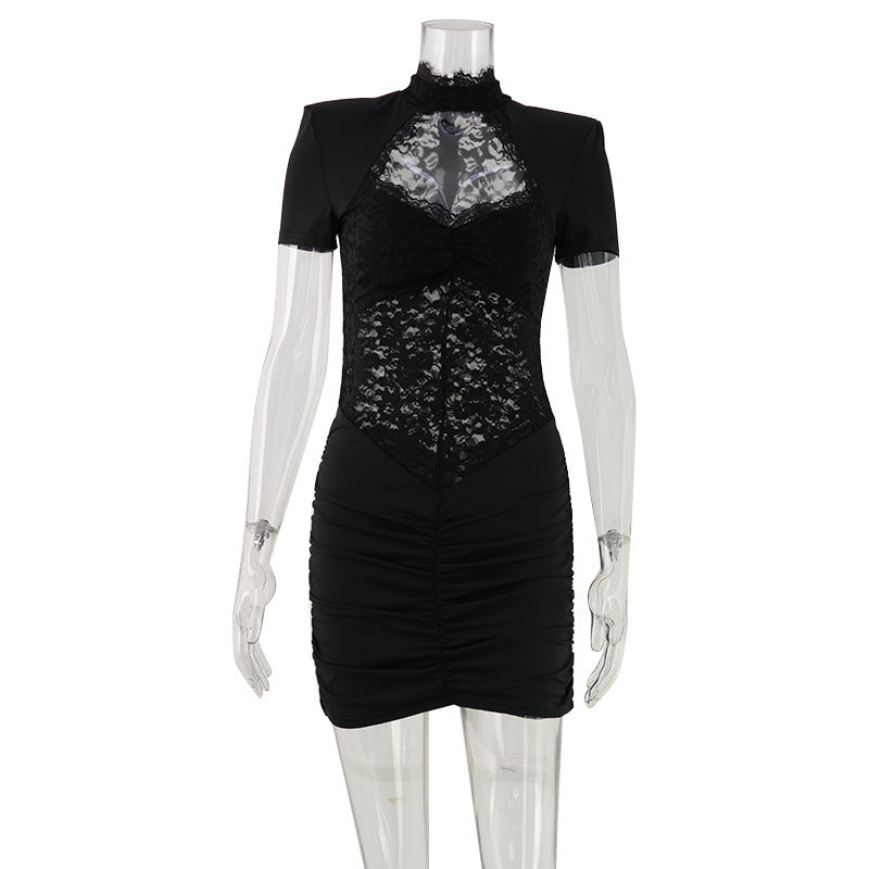 Lace Bodice Keyhole Cut Out Mock Neck Short Sleeve Ruched Bodycon Mini Dress 2