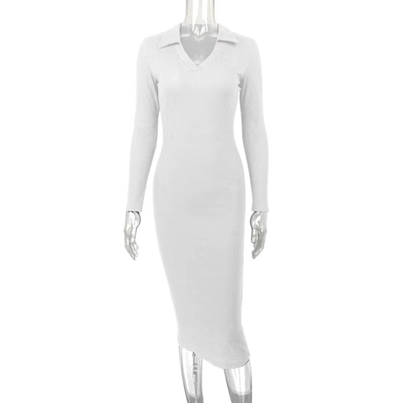 Ribbed Knit Collared V-Neck Long Sleeve Bodycon Midi Sweater Dress 4