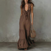 Deep V-Neck Sleeveless Ruffle Tiered Maxi Dress