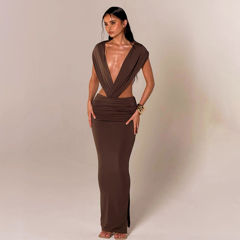 Deep V-Neck Cap Sleeve Side Cut Out Ruched Waist Bodycon Maxi Dress