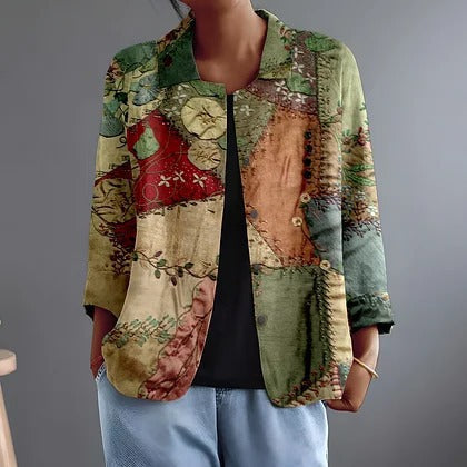 Patchwork Print Long Sleeve Open Front Jacket