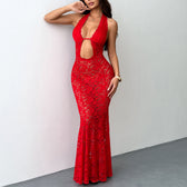 Lace Halter Neck Cut Out Mermaid Maxi Gown 8