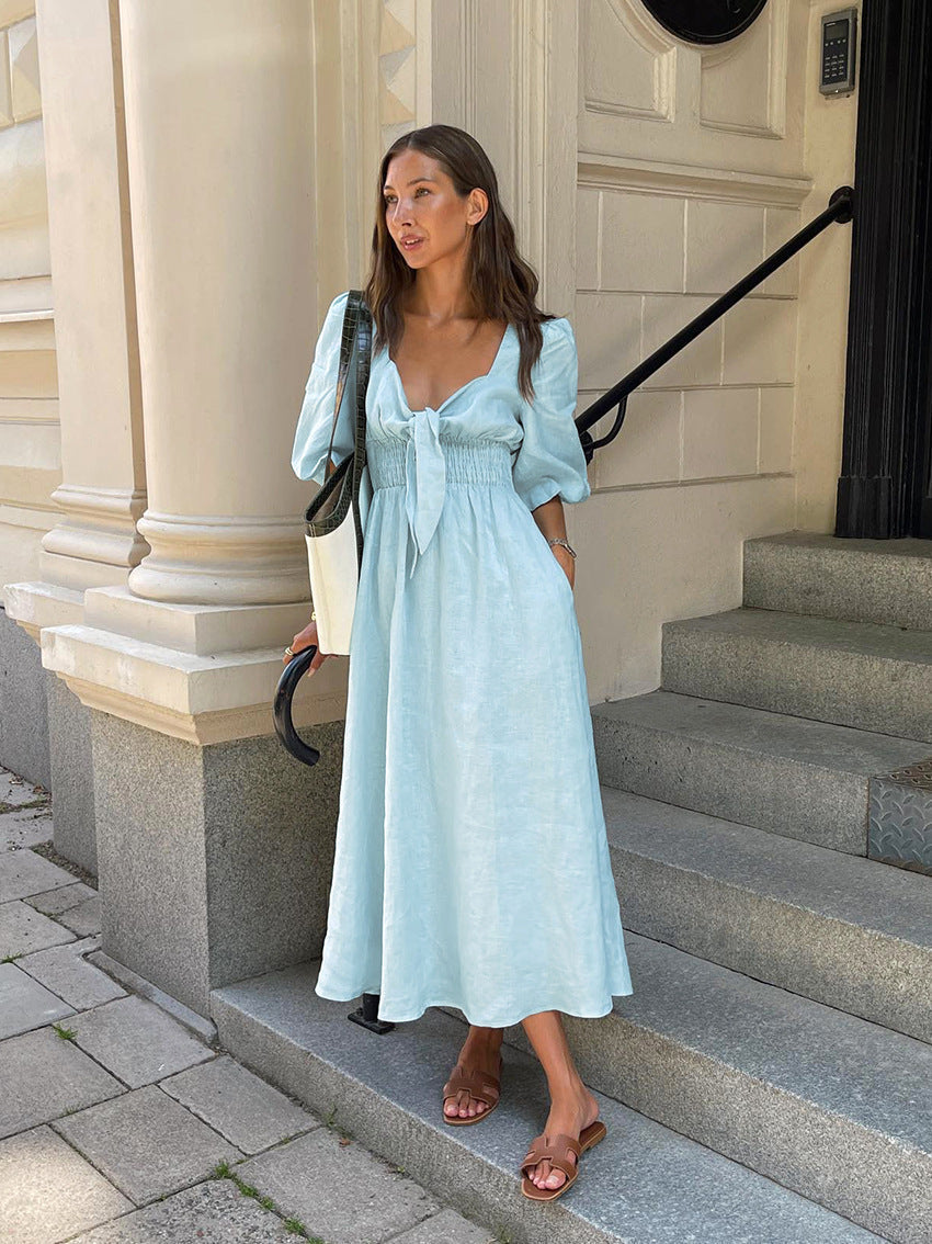 Sweetheart Puff Sleeve Tie Front Smocked Midi Dress Summer