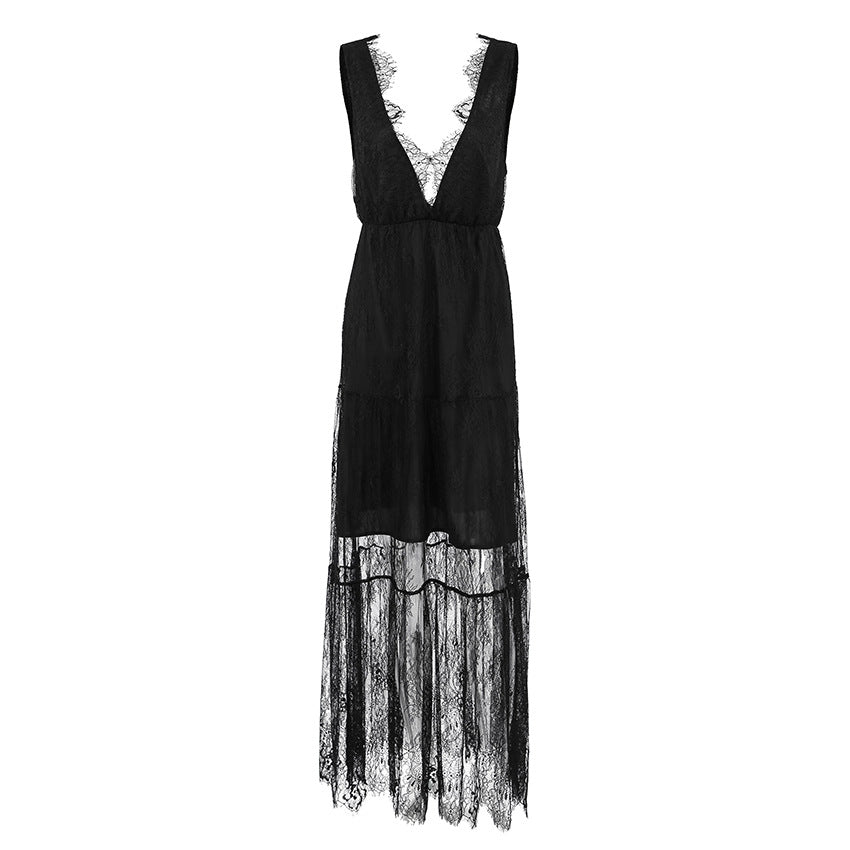 Sexy Black Brocade Lace Dress All Matching Sexy V-neck Loose Backless Women Dress 5