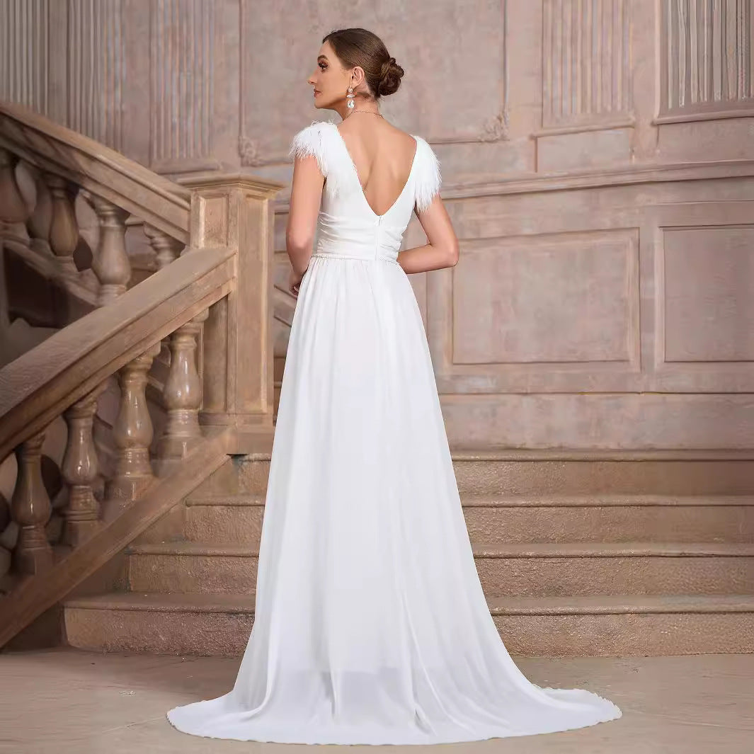 V-Neck Feather Trim Cap Sleeve Chiffon High Split Maxi Gown 2