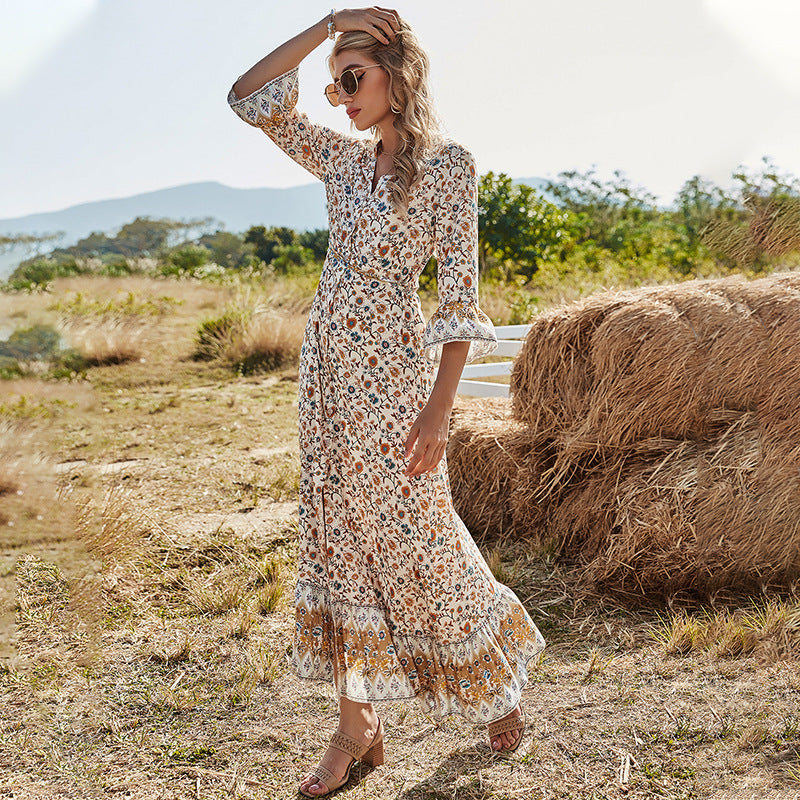 Floral Print V-Neck Bell Sleeve Front Slit Boho Maxi Dress 2
