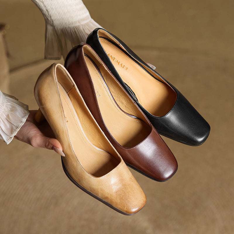 Square Toe Slip On Kitten Heel Leather Pumps