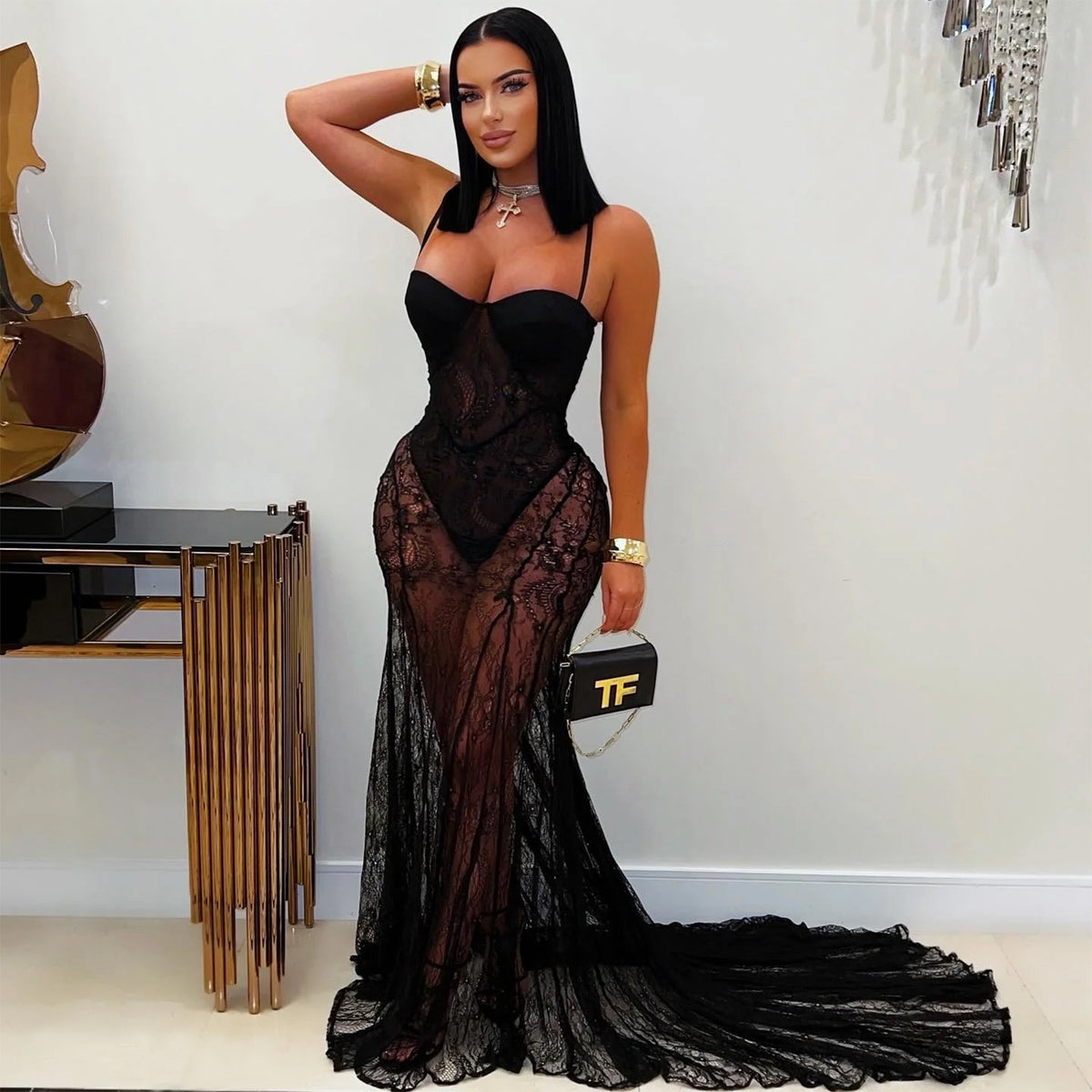 Sheer Lace Bustier Cup Spaghetti Strap Mermaid Maxi Gown with Train 2