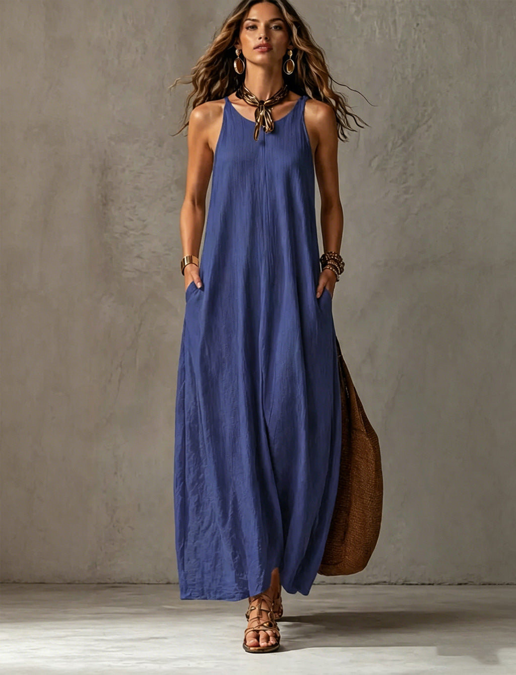 Sleeveless Tie Neck Pocket Maxi Dress 7