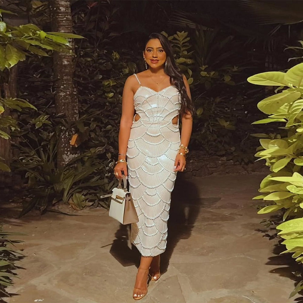Sequin Faux Pearl Scallop Spaghetti Strap Cut Out Bodycon Midi Dress