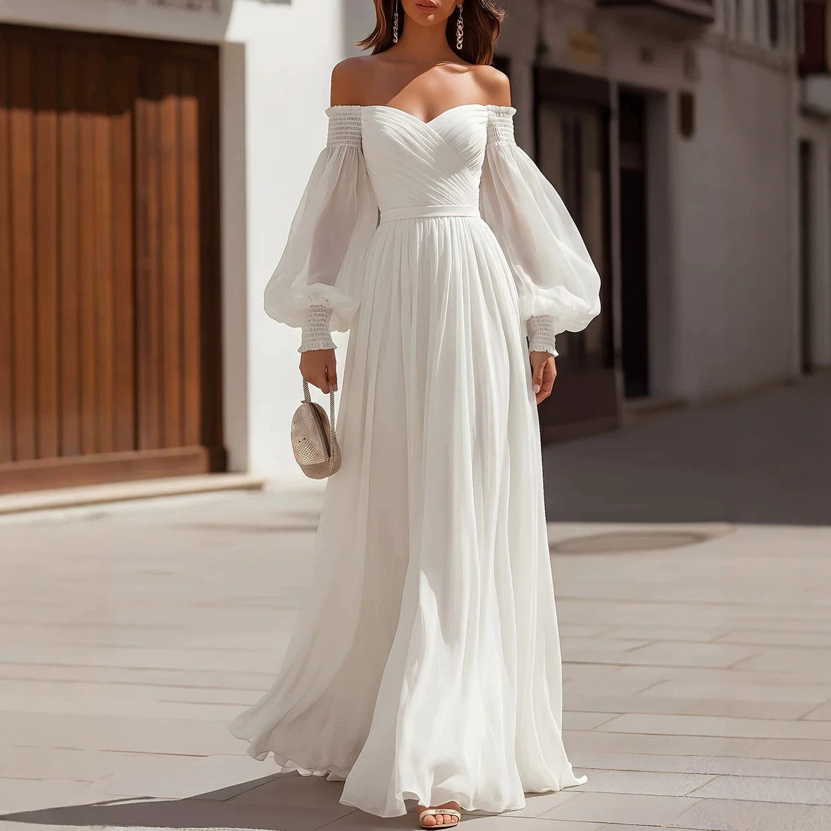 Off Shoulder White Maxi Dress Tight Waist Elegant Cocktail Wedding Evening Dress