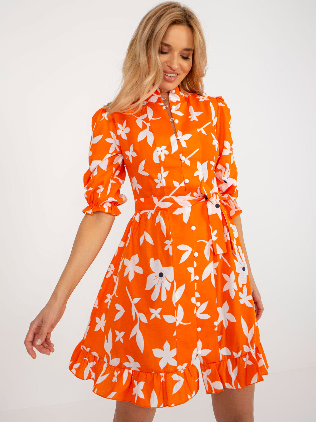 Floral Print Ruffle Collar Puff Sleeve Belted Ruffle Hem Mini Dress 3