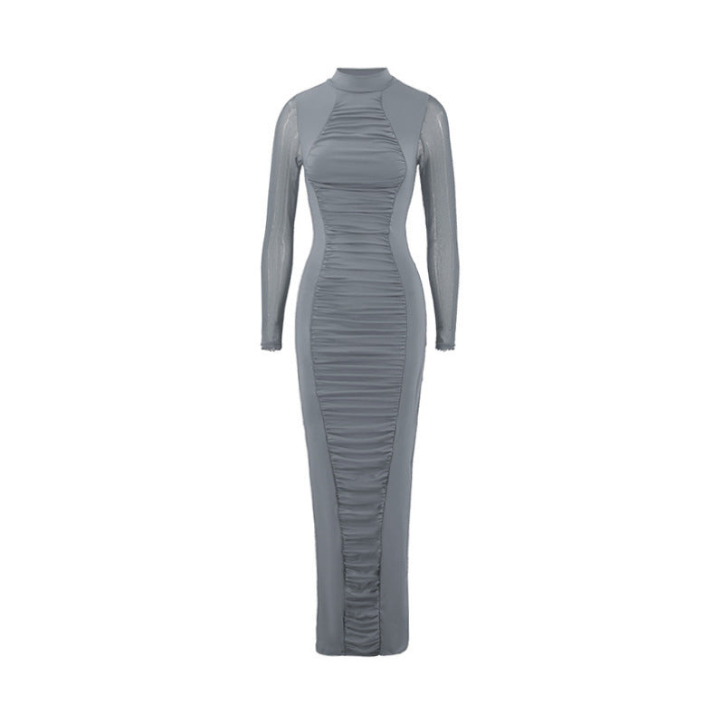 Mesh Mock Neck Long Sleeve Ruched Bodycon Maxi Dress 7