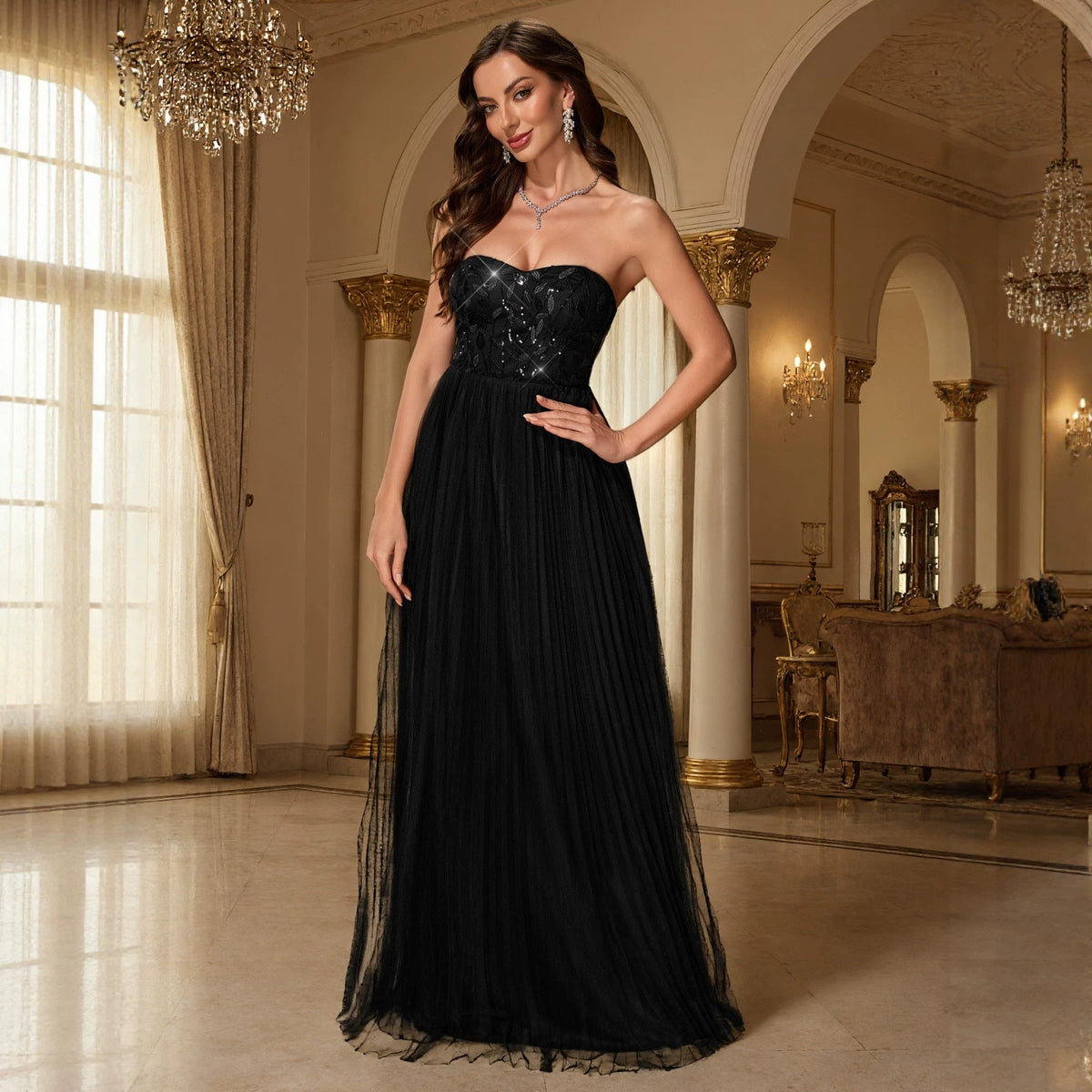 Evening Dress Tube Top Ball Elegant Mesh Sequ Back Strap Back Zipper Large A Swing Dress