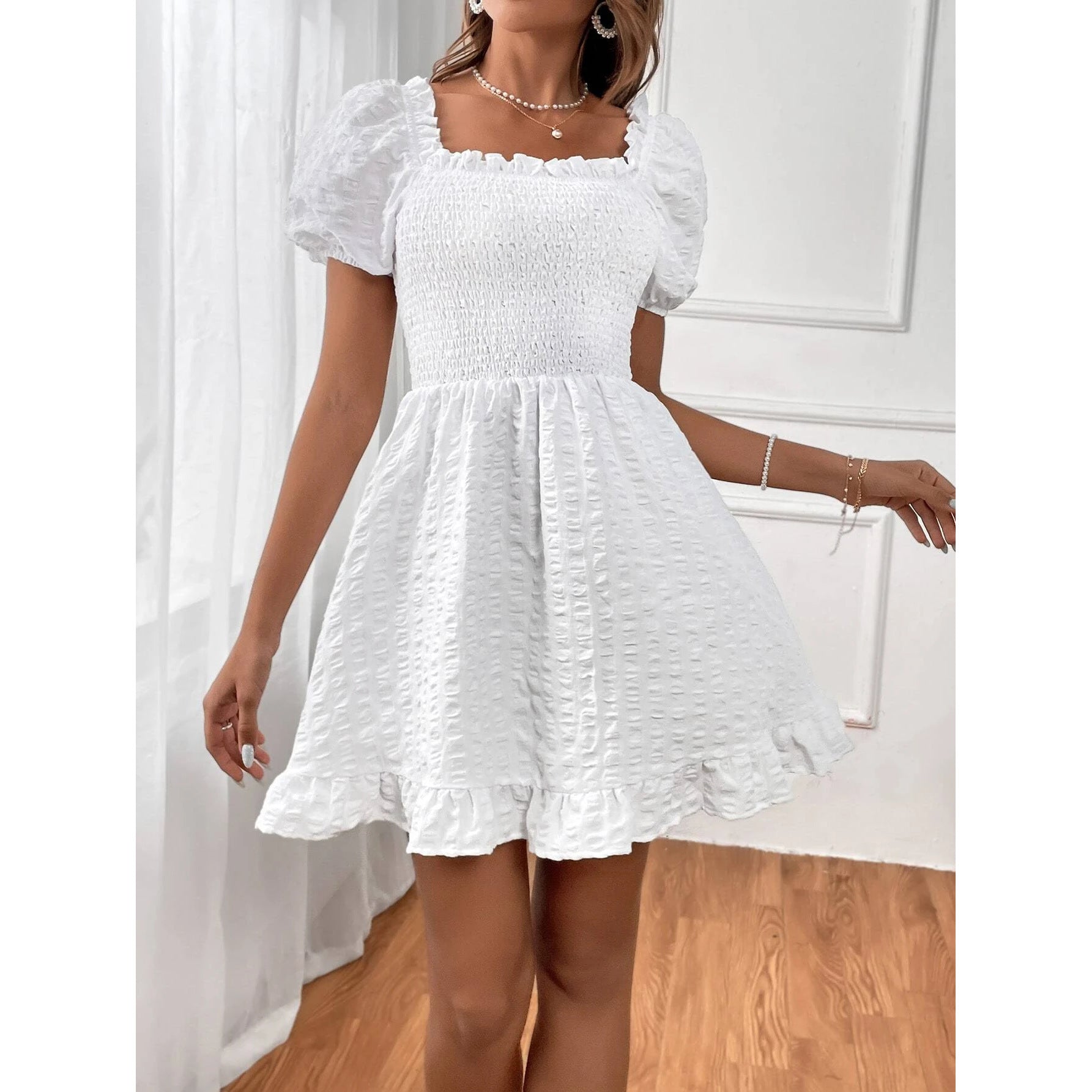 Graciela Aesthetic Women's Beach Dress with Casual Smocked Top and Charming Ruffle Hem Chic Silhouette Collection