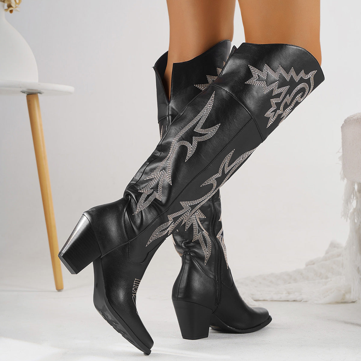 Embroidered Block Heel Over The Knee Cowboy Boots