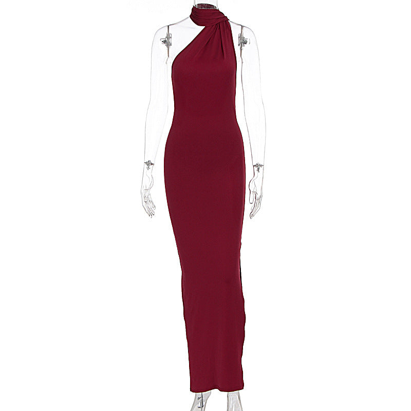 Scarf Halter Neck Draped Sash Sleeveless Side Split Maxi Dress 2