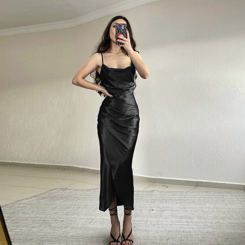 Satin Cowl Neck Cami Ruched Wrap Front Split Midi Dress 8
