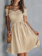 Striped Off Shoulder Short Sleeve Smocked Mini Dress 8