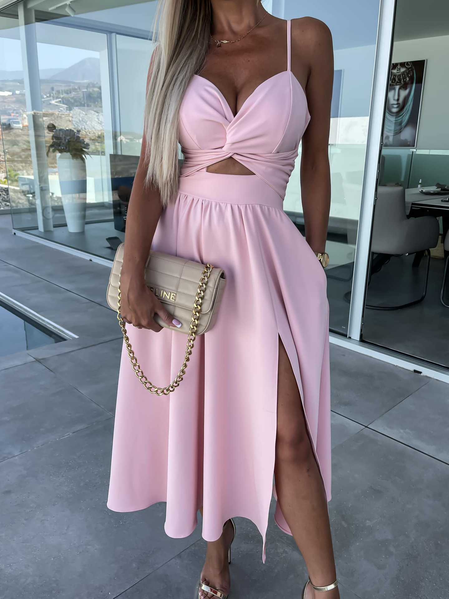 Spaghetti Strap V-Neck Twist Bust Cut Out High Split A-Line Maxi Dress
