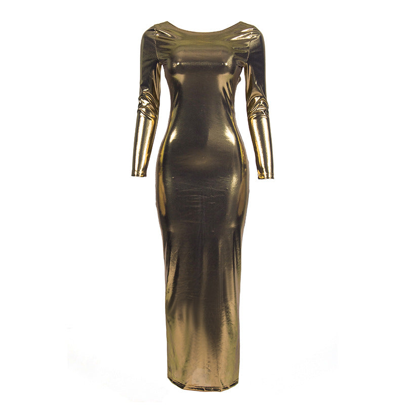 Summer Solid Color Metallic Coated Fabric Round Neck Long Sleeve Narrow Backless Long Glossy Dress