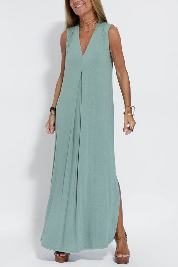 Elegant V-neck Sleeveless Long Dress Matching Vest Cardigan