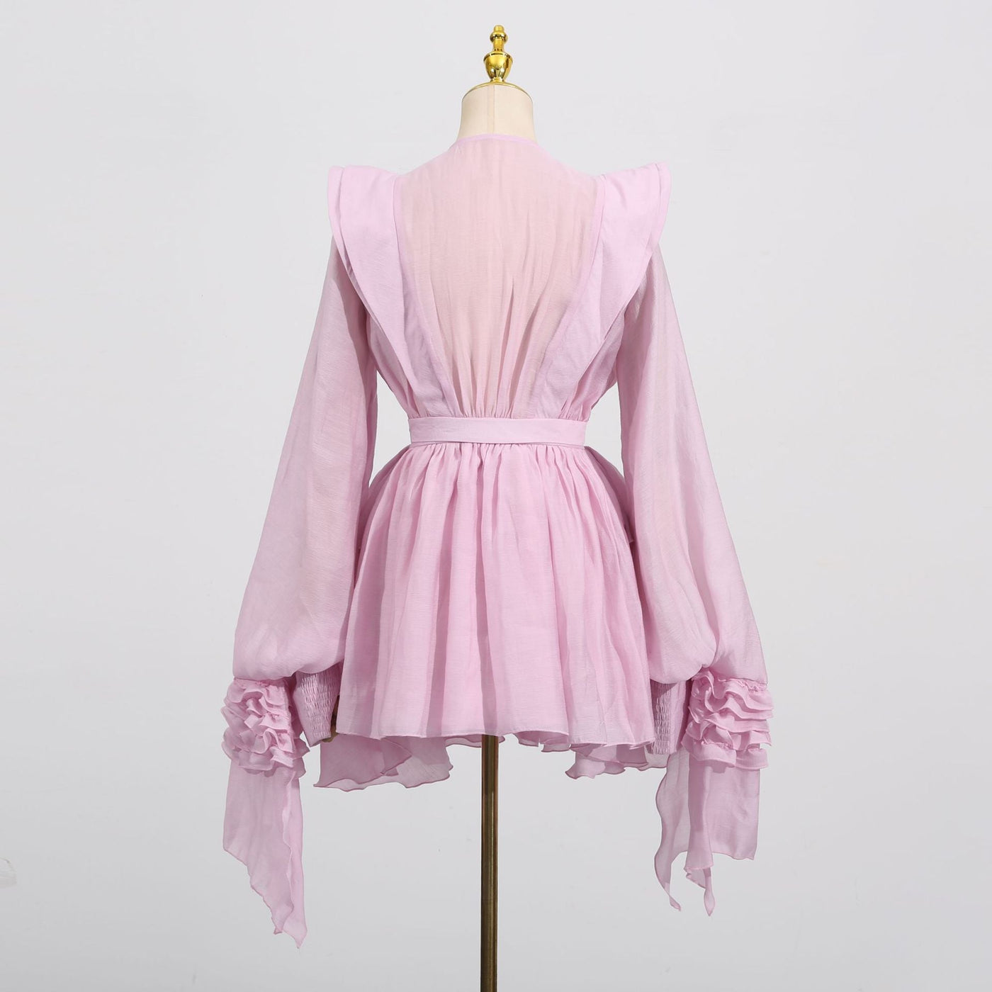 Chiffon Long Sleeve Tiered Ruffle Belted Mini Dress 4