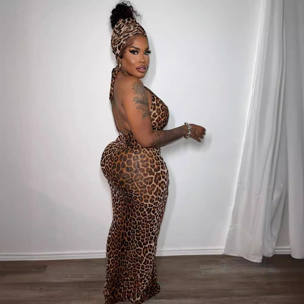 Leopard Print Cross Halter Plunge Cut Out Ruched Bodycon Maxi Dress 2