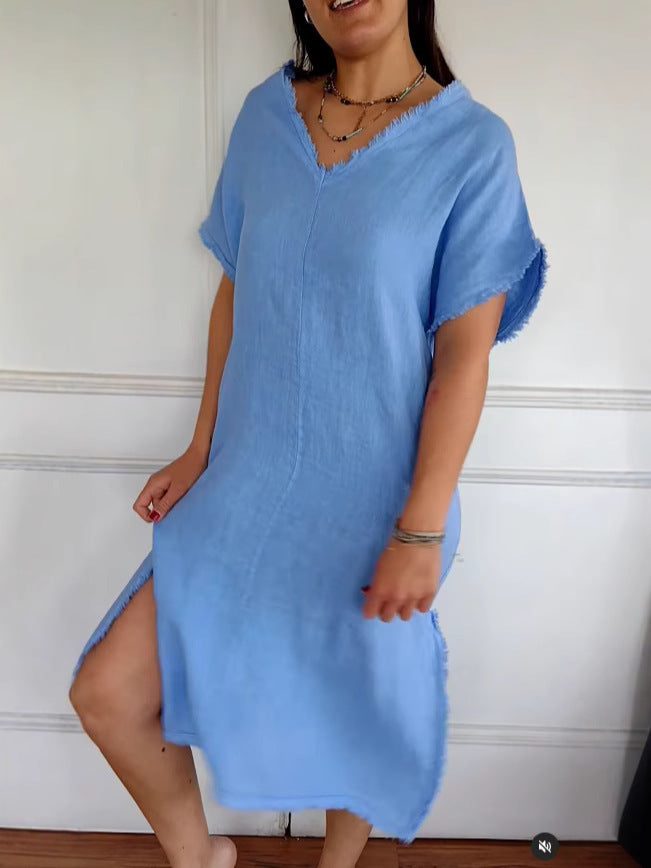 Linen-Look V-Neck Short Sleeve Frayed Edge Side Split Midi Dress 2