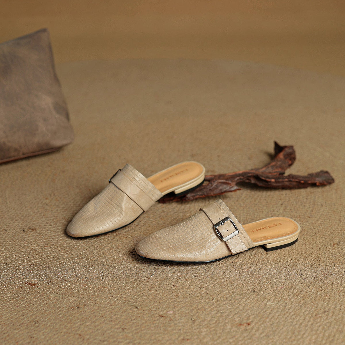 Croc Print Square Toe Buckle Flat Mules