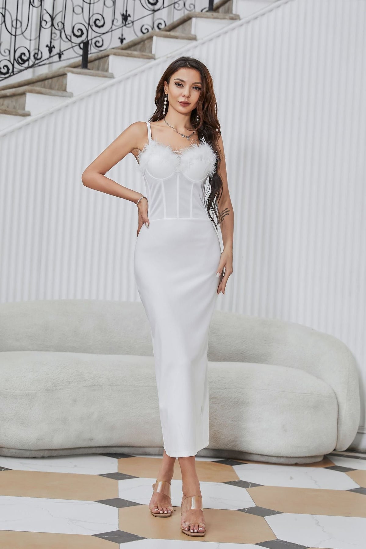 Feather Trim Bustier Corset Spaghetti Strap Bodycon Maxi Dress 5