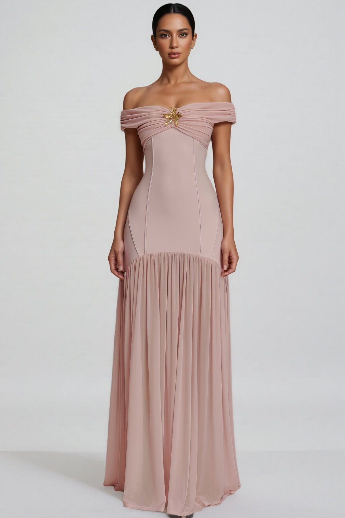 Off Shoulder Ruched Bust Brooch Mesh Drop Waist Maxi Dress 2