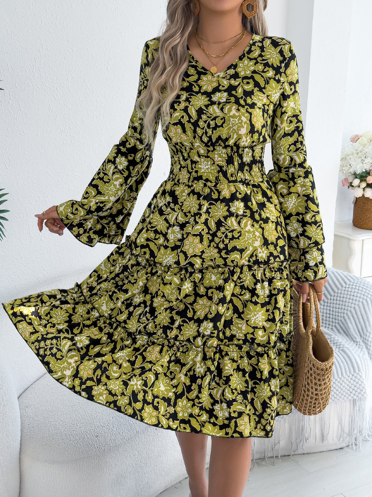 Paisley Floral V-Neck Bell Sleeve Smocked Waist Tiered Ruffle Maxi Dress 3