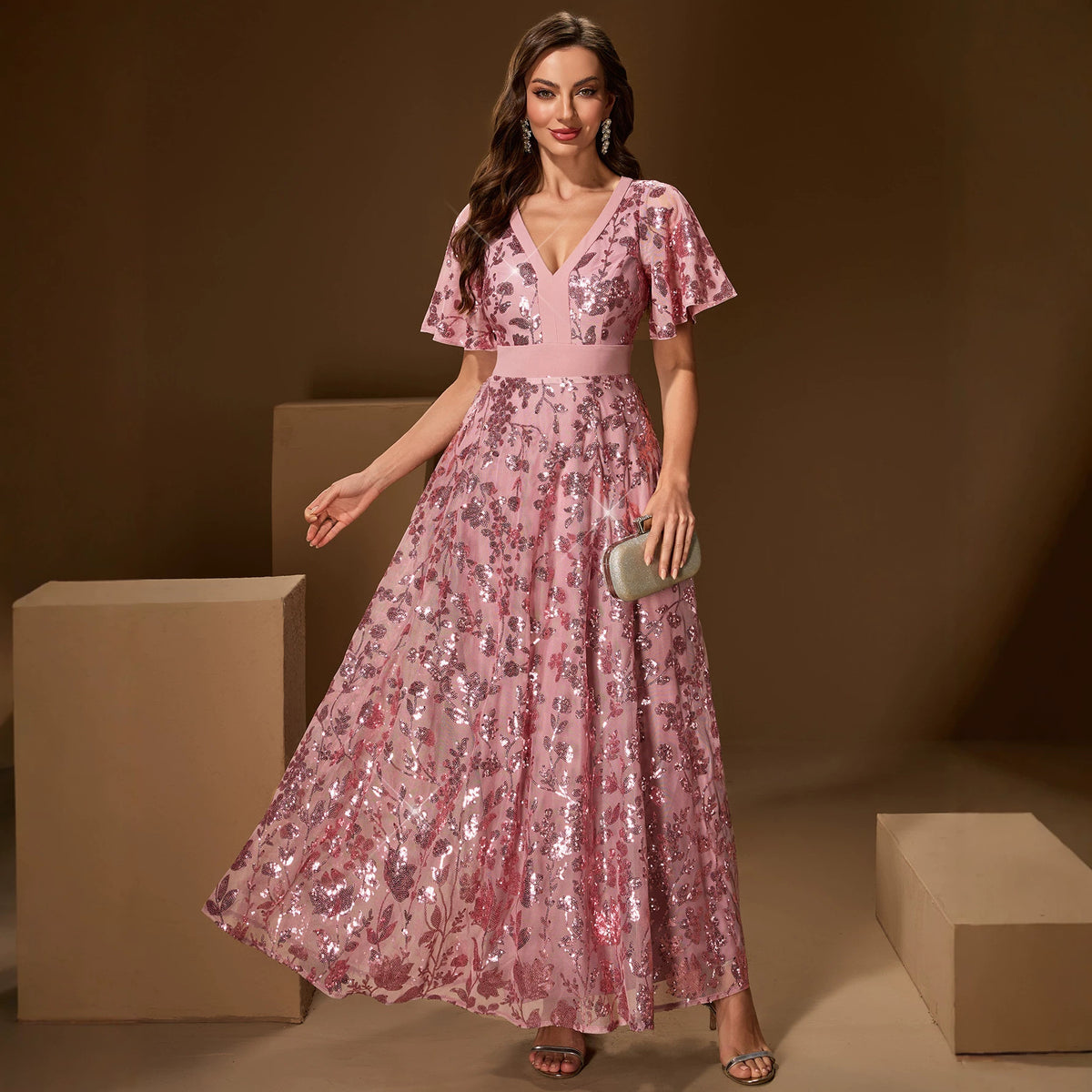 Version Elegant Dress Floral Sequ V neck Stitching Belt Back Zipper Full Lining Swing Midi Dress