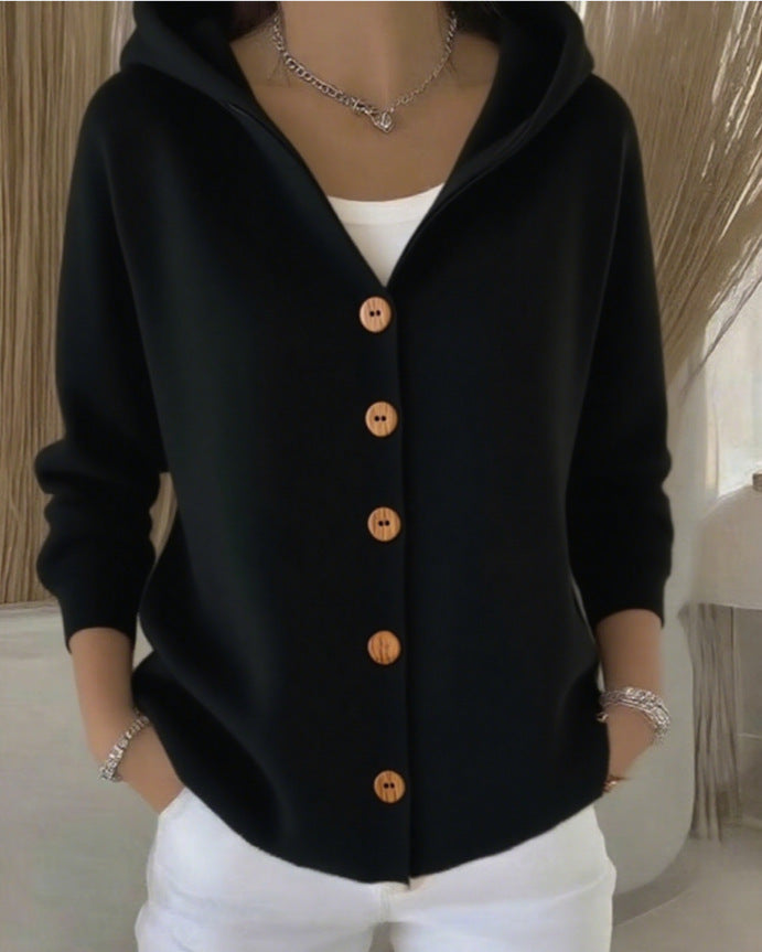 Hooded Button Front Long Sleeve Knit Cardigan